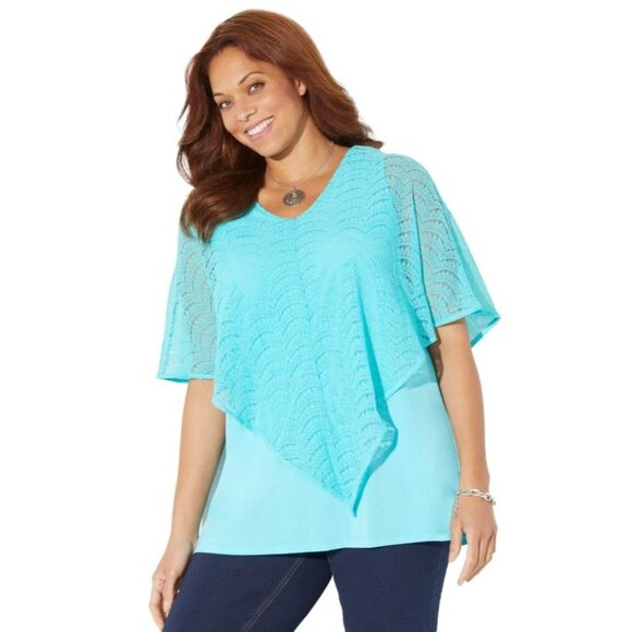 Catherines 6X Turquoise‎ Crochet Overlay Top Boho Poncho Style Plus Size - Picture 2 of 10